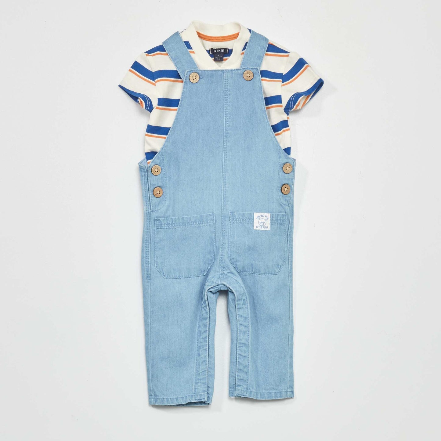 Denim dungarees + striped bodysuit - Two-piece set WHITE